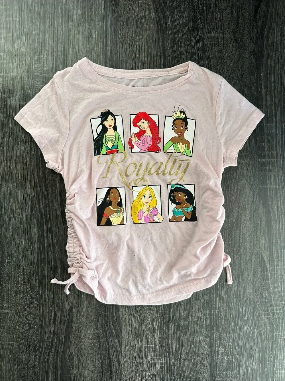 Disney Princess Royally Girls Pink Graphic Tshirt Size 14/16 Ruched Side